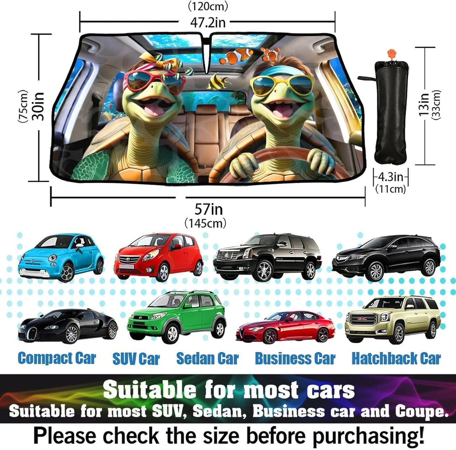 Sea Turtle Car Umbrella Sun Shade Cover Funny Foldable Car Windshield Sun Shade Umbrella Full Cover Shade Block UV Rays Heat Keep Vehicle Cool for Cars SUV Trucks 57"x 30"
