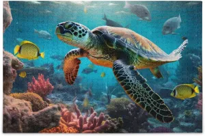 Sea Turtle Fish Light Jigsaw Puzzle 500 Piece, Educational Intellectual Decompression Puzzle Game Jigsaw Puzzle for Adult Active Thinking Party Entertainment, Family Games