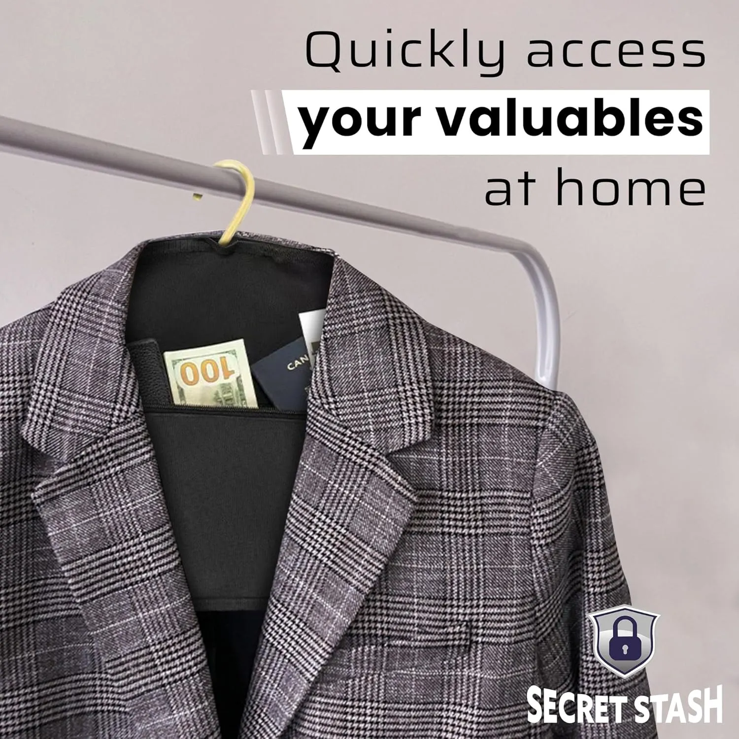 Secret Stash Coat Hanger Safe - Hanger Diversion Safe with Hidden Pocket for Cash Credit Cards & Valuables | Fits Hanging Clothes Secret Safe Home and Travel Money Hide Bag Hiding Documents (1)