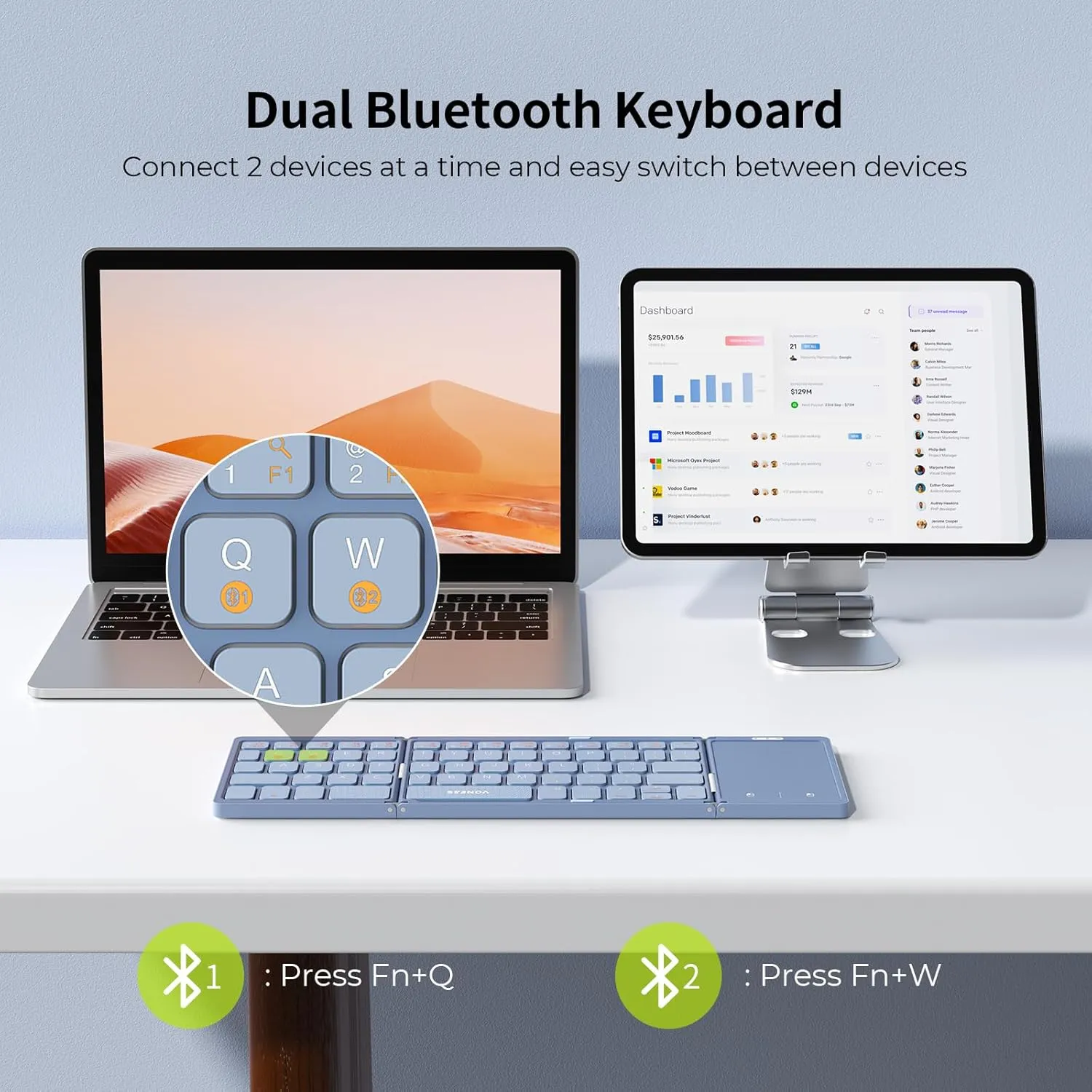 seenda Foldable Bluetooth Keyboard for Travel, Tri-Folding Wireless Rechargeable Multi-Device Portable Keyboard with Touchpad, for Laptop iPad Tablet PC Smartphone Windows iOS Android, Blue