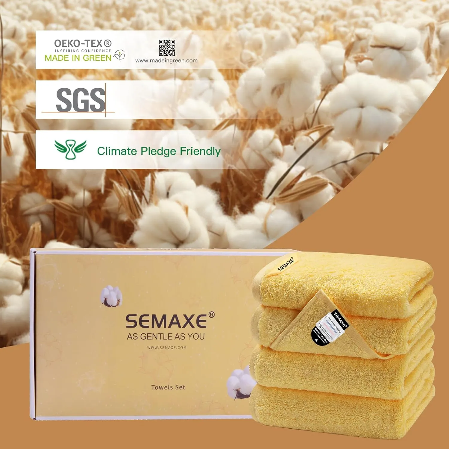 SEMAXE Yellow Hand Towels for Bathroom, 100% Cotton Towels with Hanging Loops, Hotel Spa Quality Absorbent Towels, 27" L x 16" W, 4 Piece Hand Towels, Gift Box Packaging