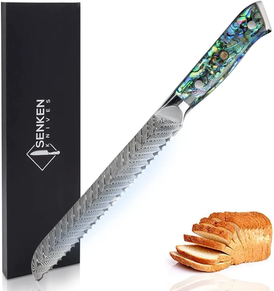 SENKEN 8" Damascus Steel Bread Knife - Umi Collection - 67-Layer Japanese VG10 Steel, Real Deep-Sea Abalone Shell Handle (Damascus Serrated Bread Knife)