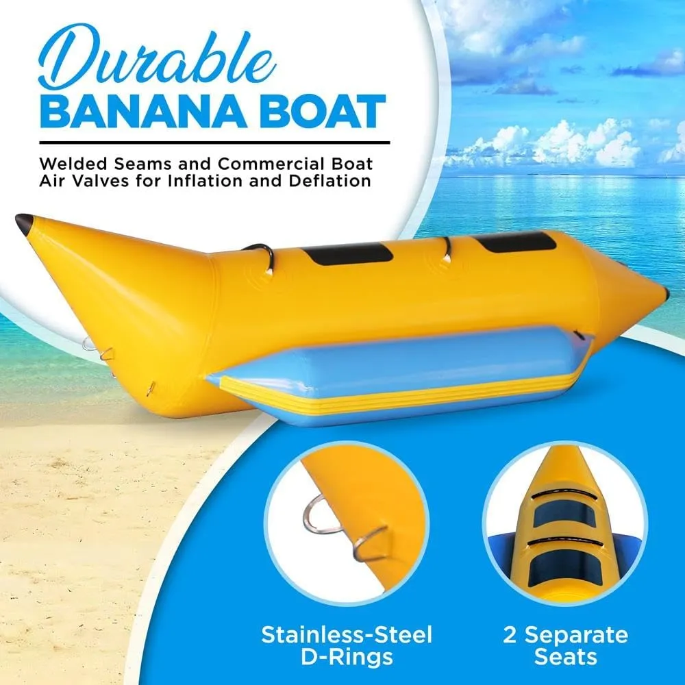 SereneLife Person Inflatable Banana Boat, Includes Storage Bag, Foot Pump, and Repair Kit, Tough and Thick, Reinforced Seats and Foot Areas