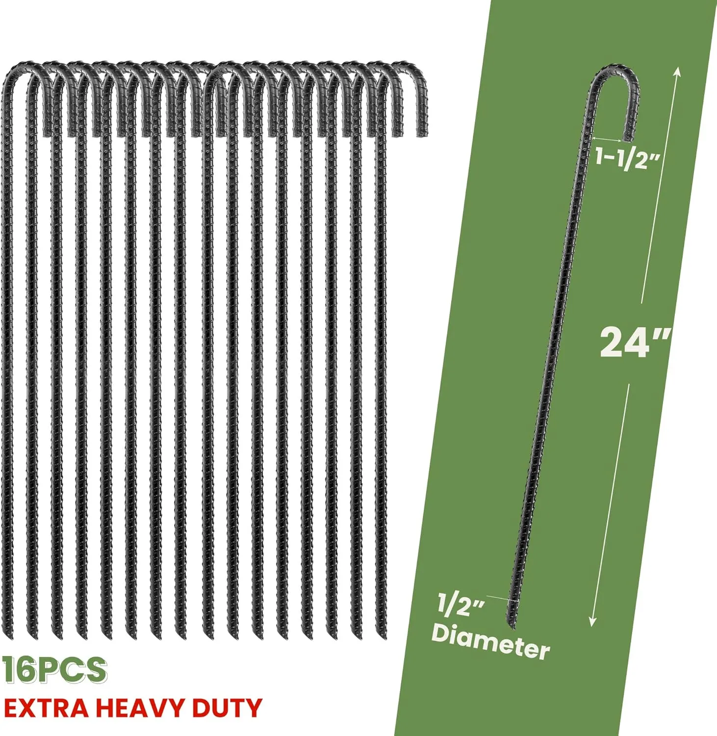 (Set of 16) 24” Ground Rebar Stakes Heavy Duty J Hook Ground Anchors, Curved Steel Plant Support Garden Stake with Chisel Point end, Hammer Through Hard Soil for Camping Tent - Black Powder Coated