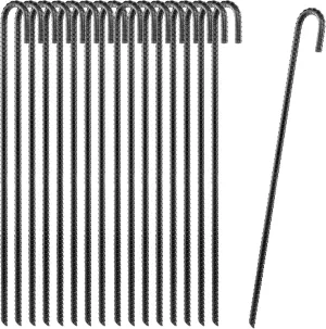 (Set of 16) 24” Ground Rebar Stakes Heavy Duty J Hook Ground Anchors, Curved Steel Plant Support Garden Stake with Chisel Point end, Hammer Through Hard Soil for Camping Tent - Black Powder Coated