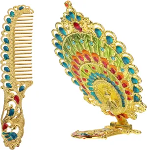 Set Vintage Makeup Metal Mirror with Comb Portable Handheld Vanity Peacock Mirror 2pcs Design