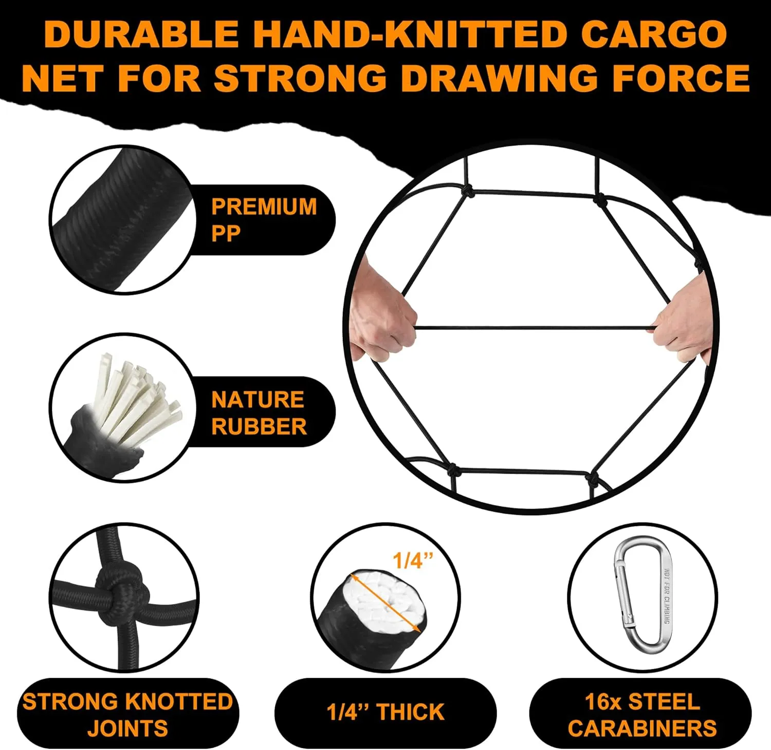 Seven Sparta 5’ x 7’ Large Bungee Cargo Net Stretches to 10' x 14' for Truck Bed, Pickup Bed, Trailer, Trunk, SUV with 16 Bonus D Clip Carabiners Truck Cargo Net for Large Loads (Black)