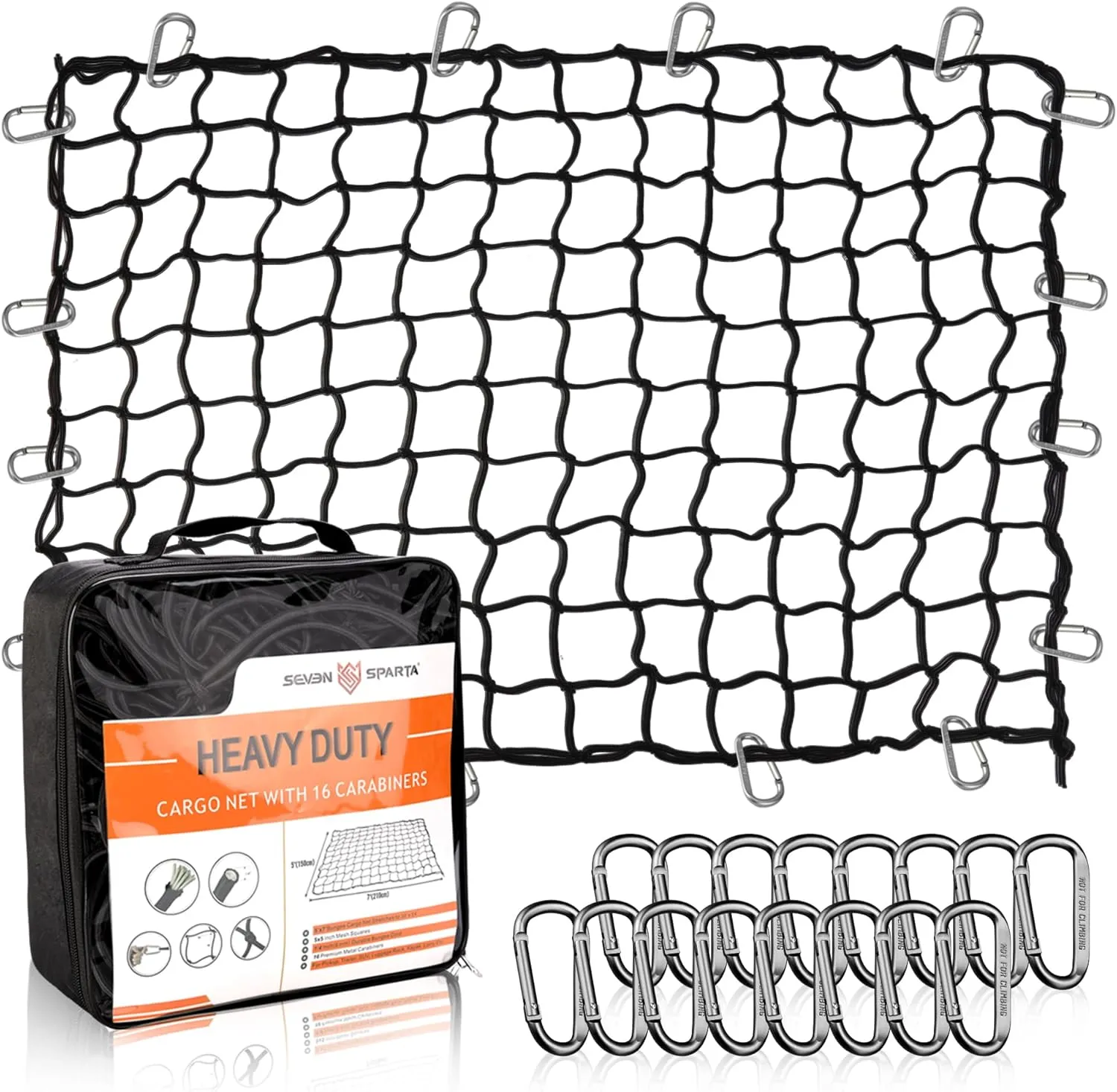 Seven Sparta 5’ x 7’ Large Bungee Cargo Net Stretches to 10' x 14' for Truck Bed, Pickup Bed, Trailer, Trunk, SUV with 16 Bonus D Clip Carabiners Truck Cargo Net for Large Loads (Black)