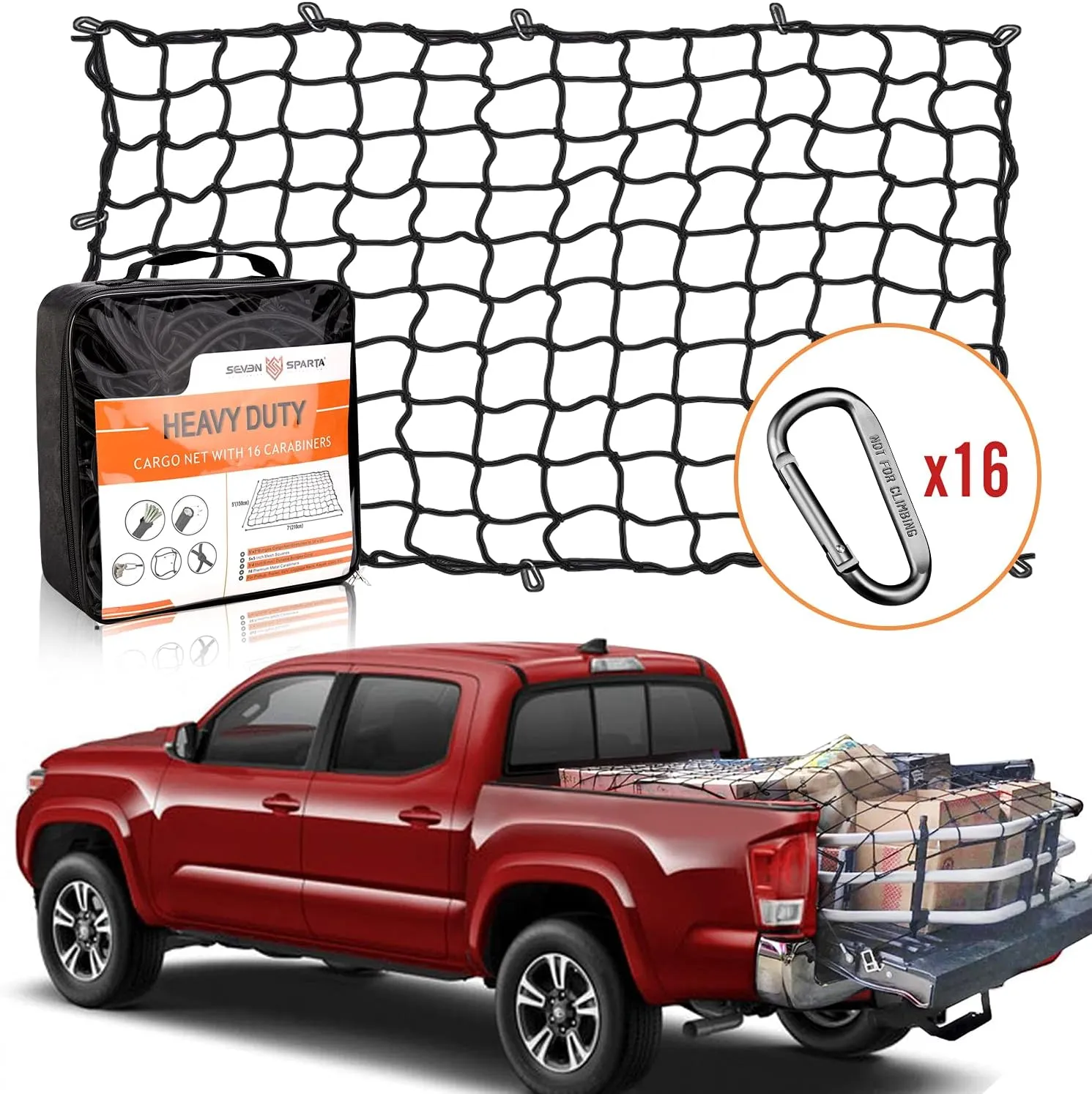 Seven Sparta 5’ x 7’ Large Bungee Cargo Net Stretches to 10' x 14' for Truck Bed, Pickup Bed, Trailer, Trunk, SUV with 16 Bonus D Clip Carabiners Truck Cargo Net for Large Loads (Black)