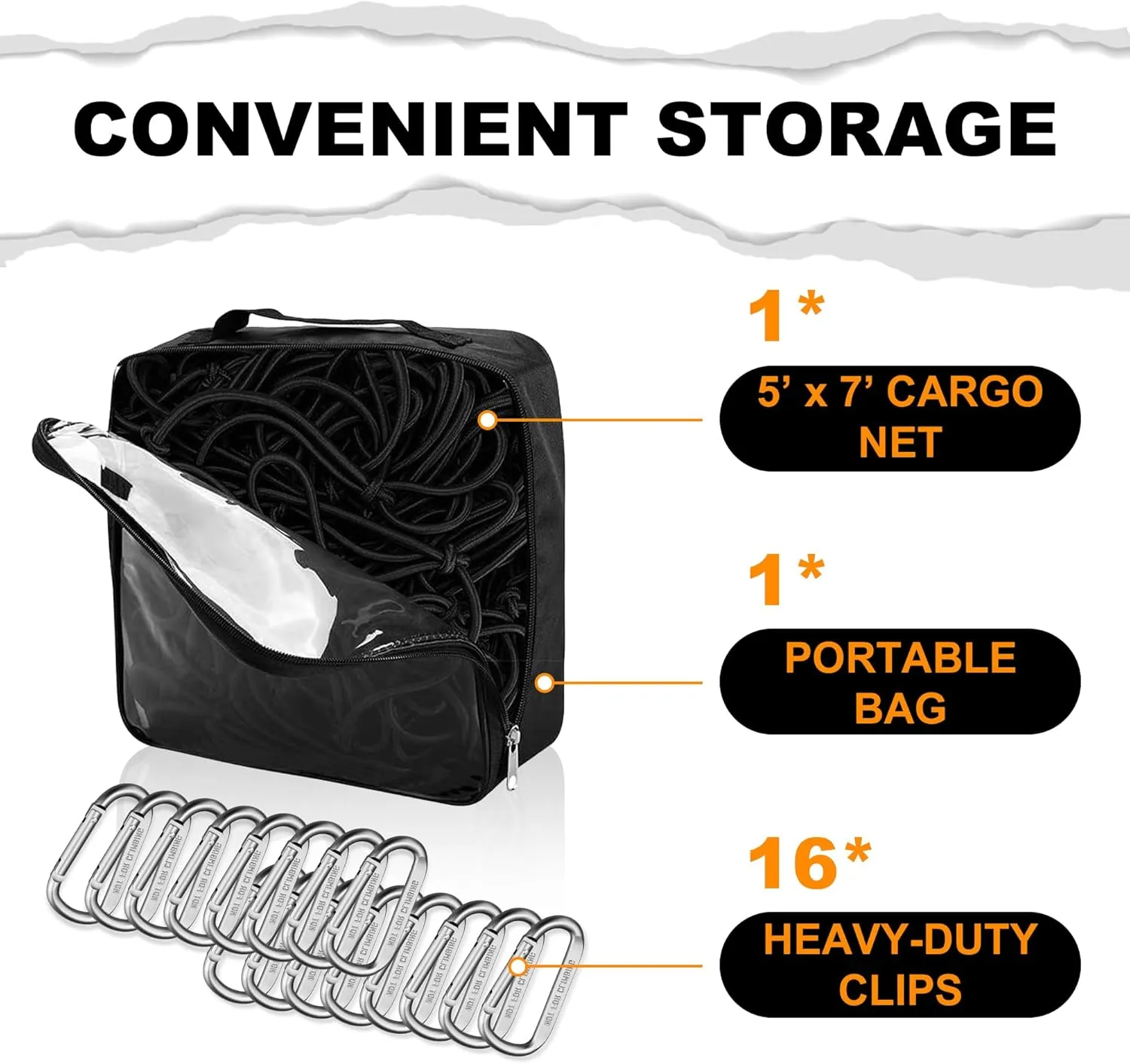Seven Sparta 5’ x 7’ Large Bungee Cargo Net Stretches to 10' x 14' for Truck Bed, Pickup Bed, Trailer, Trunk, SUV with 16 Bonus D Clip Carabiners Truck Cargo Net for Large Loads (Black)