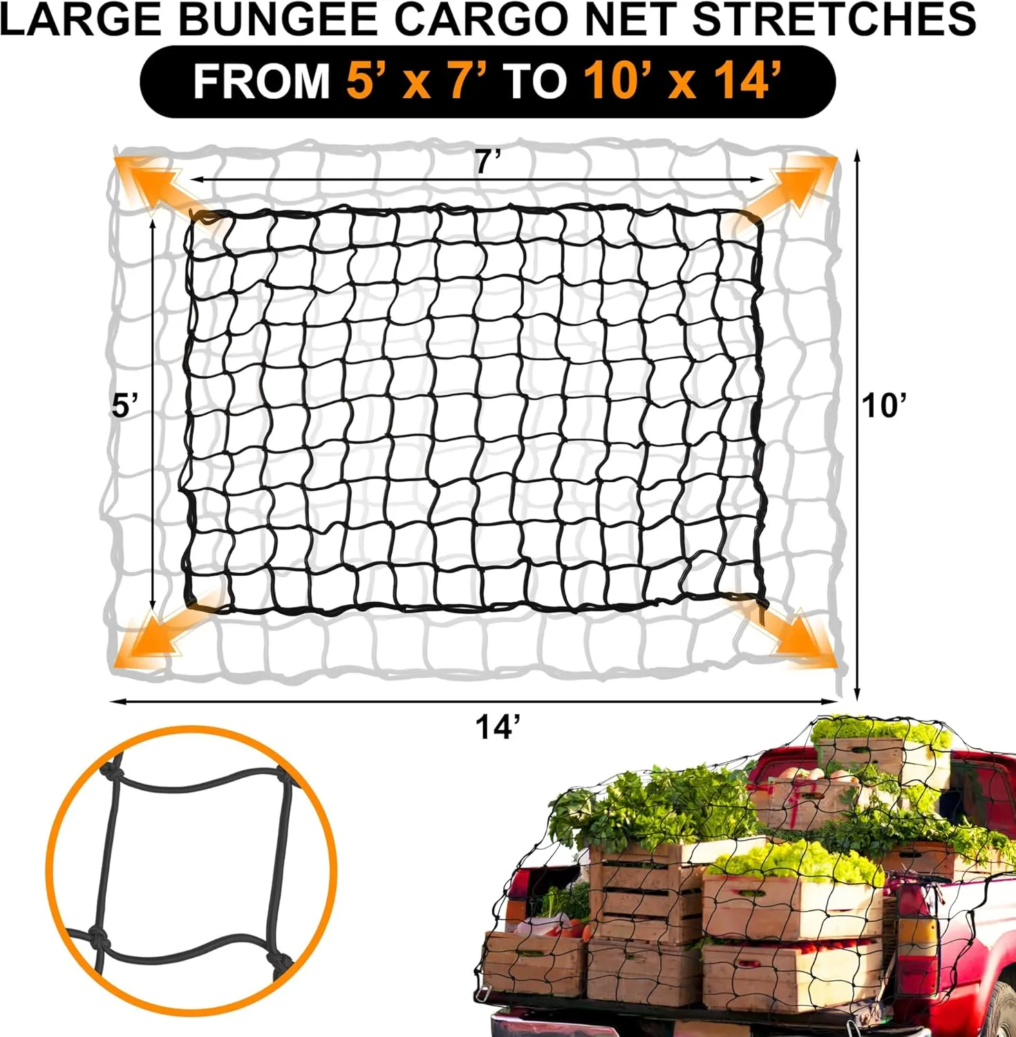 Seven Sparta 5’ x 7’ Large Bungee Cargo Net Stretches to 10' x 14' for Truck Bed, Pickup Bed, Trailer, Trunk, SUV with 16 Bonus D Clip Carabiners Truck Cargo Net for Large Loads (Black)