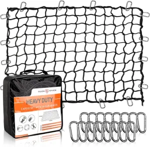 Seven Sparta 5’ x 7’ Large Bungee Cargo Net Stretches to 10' x 14' for Truck Bed, Pickup Bed, Trailer, Trunk, SUV with 16 Bonus D Clip Carabiners Truck Cargo Net for Large Loads (Black)