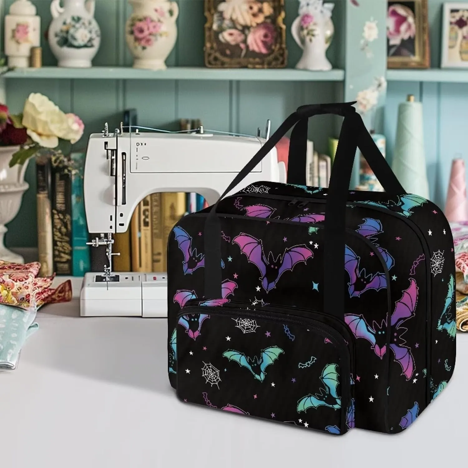 Sewing Machine Case Halloween Decor for Home Bat Sewing Machine Cover Dust Cover with Pocket and Handle Padded Storage Cover