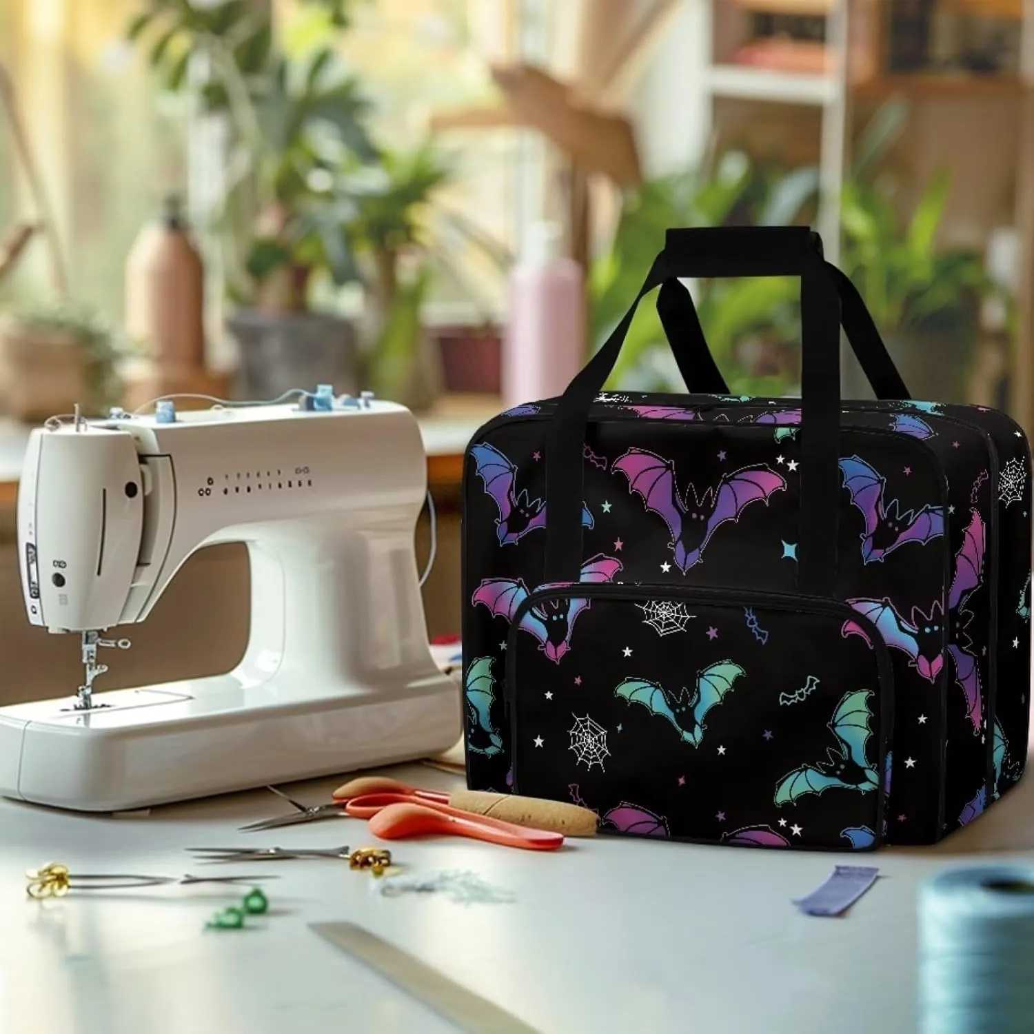Sewing Machine Case Halloween Decor for Home Bat Sewing Machine Cover Dust Cover with Pocket and Handle Padded Storage Cover