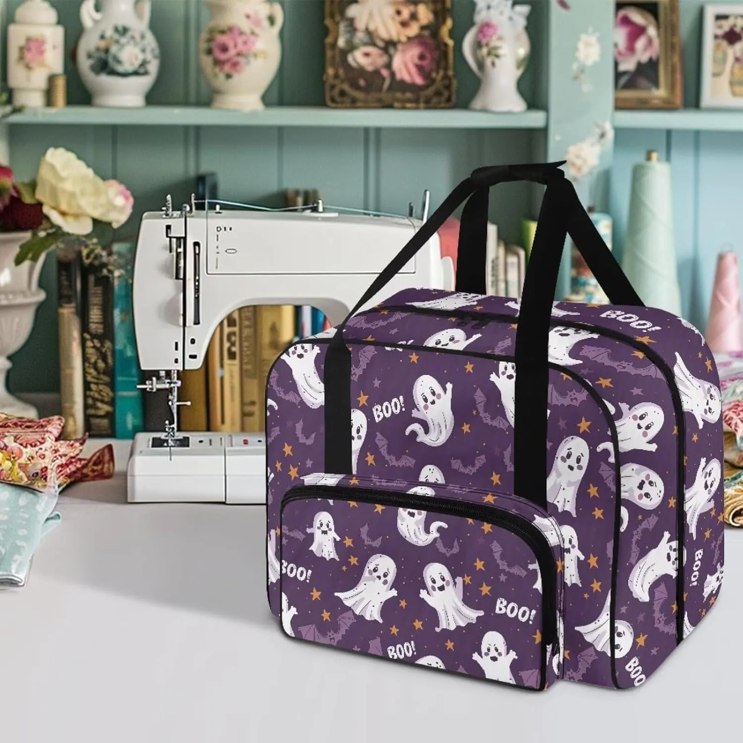 Sewing Machine Case Tote Bag Black Cat Sewing Machine Cover Dust Cover Boo Handbag Compatible with Most Singer, Brother Sewing Machines and Extra Sewing Accessories