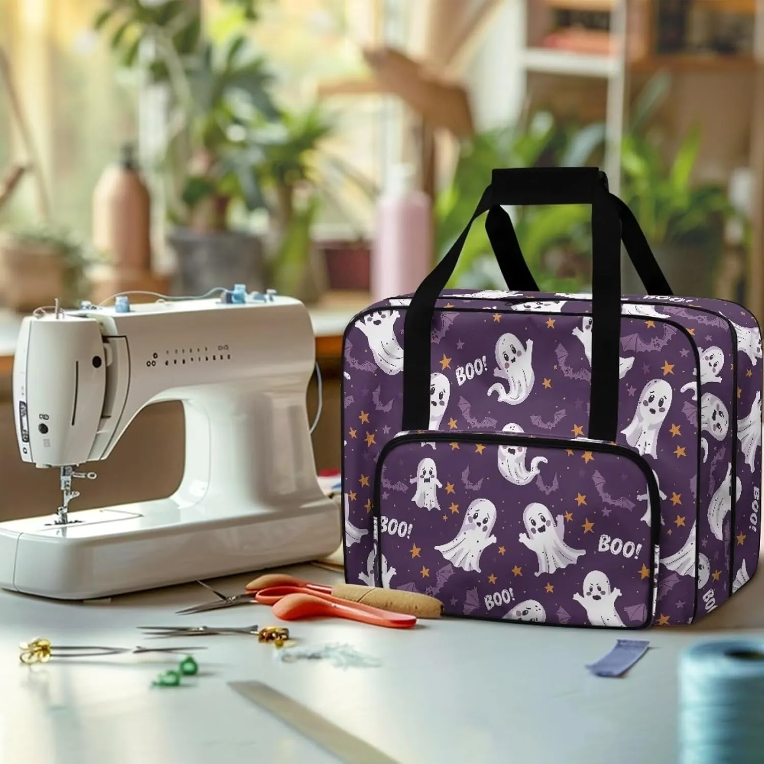 Sewing Machine Case Tote Bag Black Cat Sewing Machine Cover Dust Cover Boo Handbag Compatible with Most Singer, Brother Sewing Machines and Extra Sewing Accessories