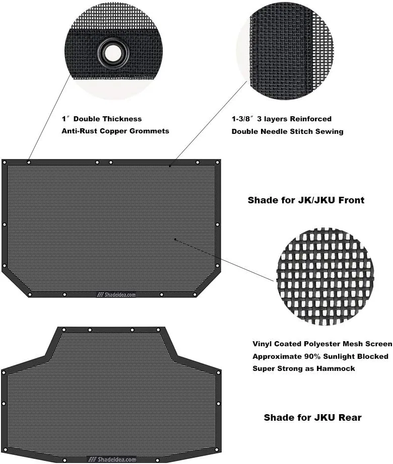 Shadeidea JK Sun Shade Top Compatible with Jeep Wrangler JKU Top Sunshade Soft Mesh Roof Cover (2007-2018)- Wind Noise UV Blocker -10 Year Warranty -4 Door -Black -Front&Rear (2 pcs)
