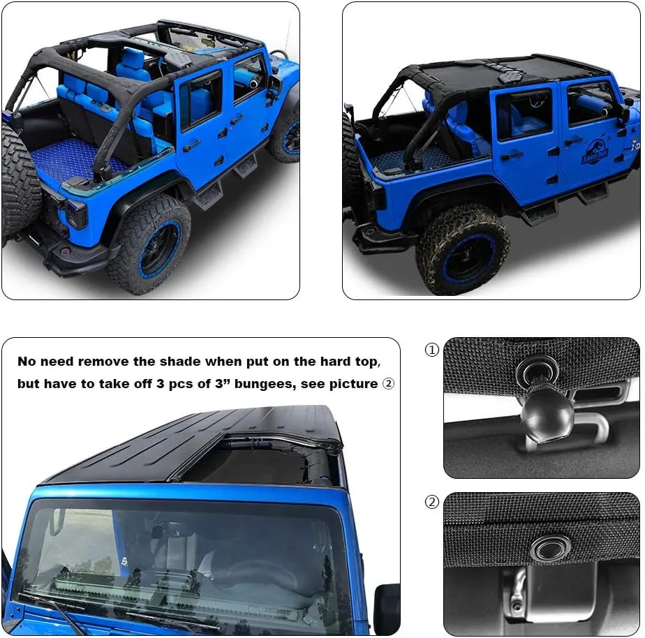 Shadeidea JK Sun Shade Top Compatible with Jeep Wrangler JKU Top Sunshade Soft Mesh Roof Cover (2007-2018)- Wind Noise UV Blocker -10 Year Warranty -4 Door -Black -Front&Rear (2 pcs)