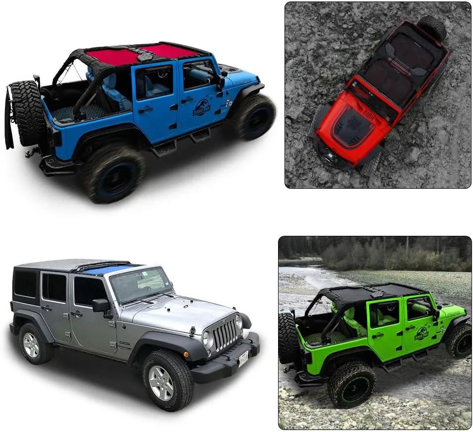 Shadeidea JK Sun Shade Top Compatible with Jeep Wrangler JKU Top Sunshade Soft Mesh Roof Cover (2007-2018)- Wind Noise UV Blocker -10 Year Warranty -4 Door -Black -Front&Rear (2 pcs)