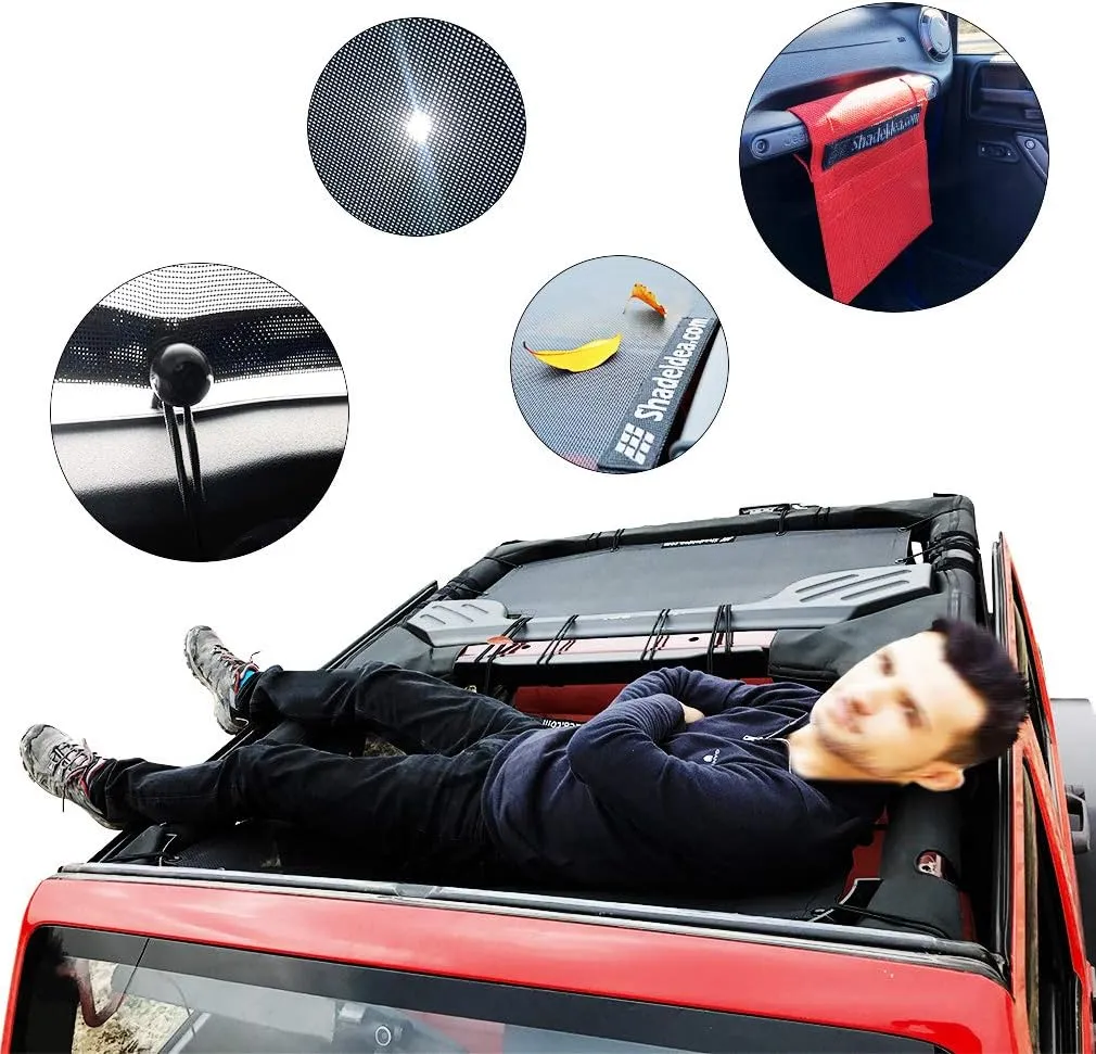 Shadeidea JK Sun Shade Top Compatible with Jeep Wrangler JKU Top Sunshade Soft Mesh Roof Cover (2007-2018)- Wind Noise UV Blocker -10 Year Warranty -4 Door -Black -Front&Rear (2 pcs)