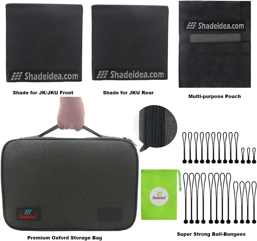 Shadeidea JK Sun Shade Top Compatible with Jeep Wrangler JKU Top Sunshade Soft Mesh Roof Cover (2007-2018)- Wind Noise UV Blocker -10 Year Warranty -4 Door -Black -Front&Rear (2 pcs)