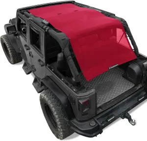 Shadeidea JK Sun Shade Top Compatible with Jeep Wrangler JKU Top Sunshade Soft Mesh Roof Cover (2007-2018)- Wind Noise UV Blocker -10 Year Warranty -4 Door -Cherry Red -Front&Rear&Back (Full Length)