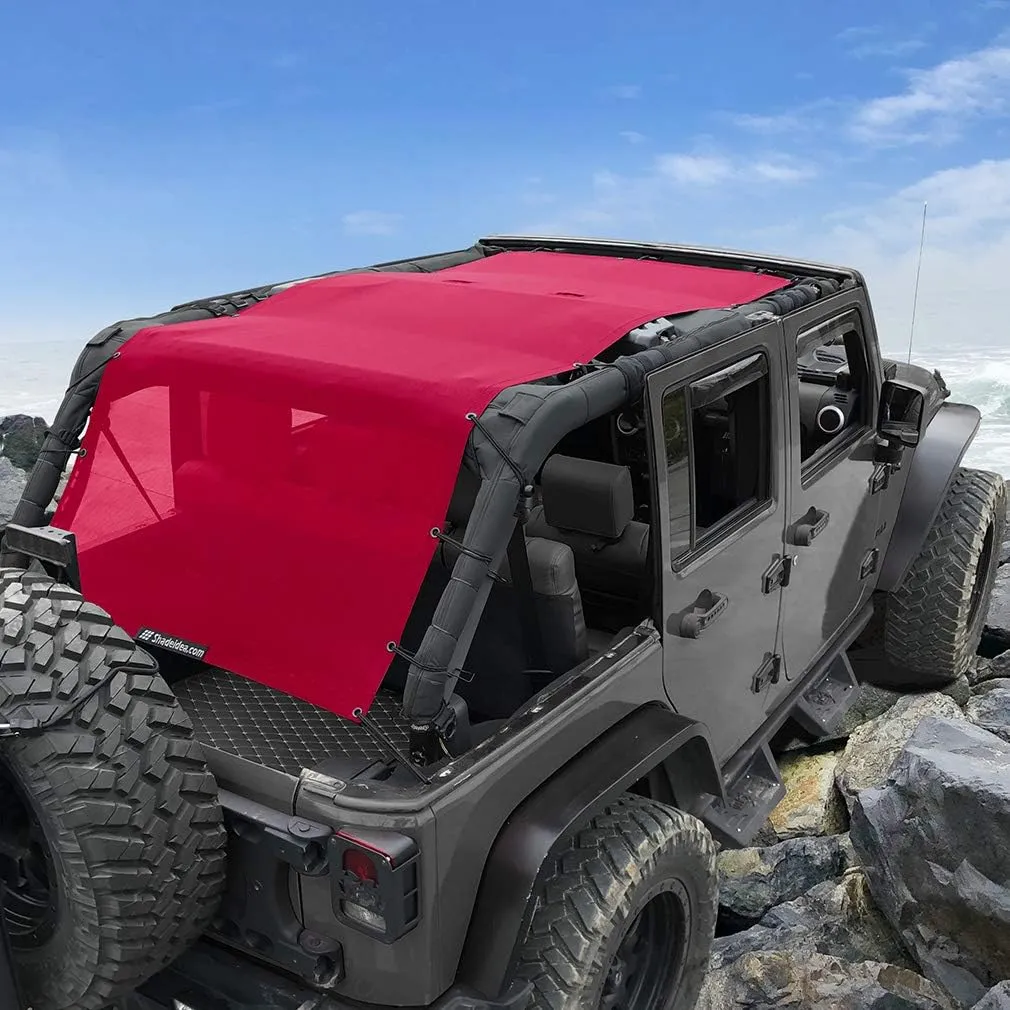 Shadeidea JK Sun Shade Top Compatible with Jeep Wrangler JKU Top Sunshade Soft Mesh Roof Cover (2007-2018)- Wind Noise UV Blocker -10 Year Warranty -4 Door -Cherry Red -Front&Rear&Back (Full Length)
