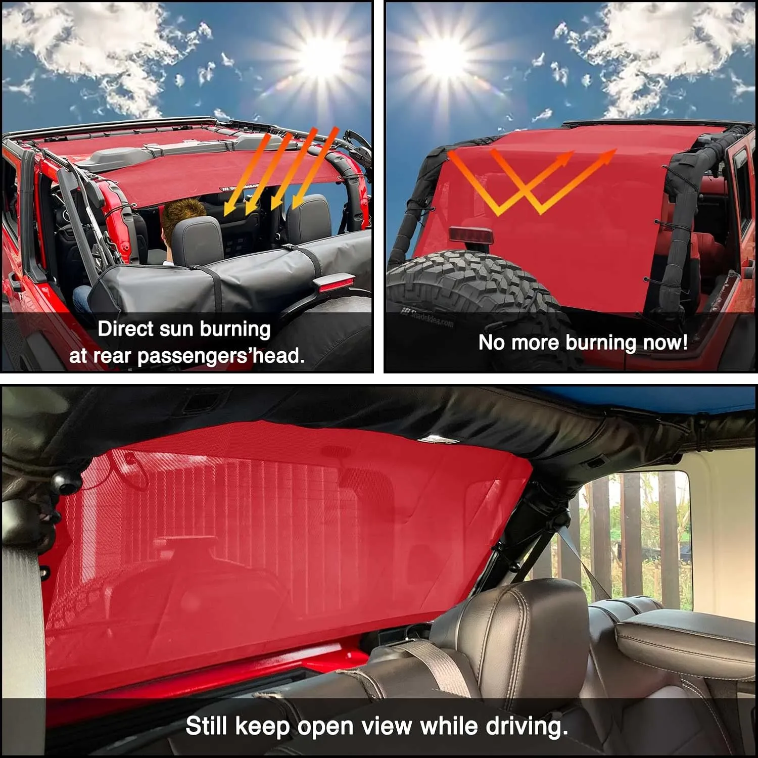 Shadeidea JK Sun Shade Top Compatible with Jeep Wrangler JKU Top Sunshade Soft Mesh Roof Cover (2007-2018)- Wind Noise UV Blocker -10 Year Warranty -4 Door -Cherry Red -Front&Rear&Back (Full Length)