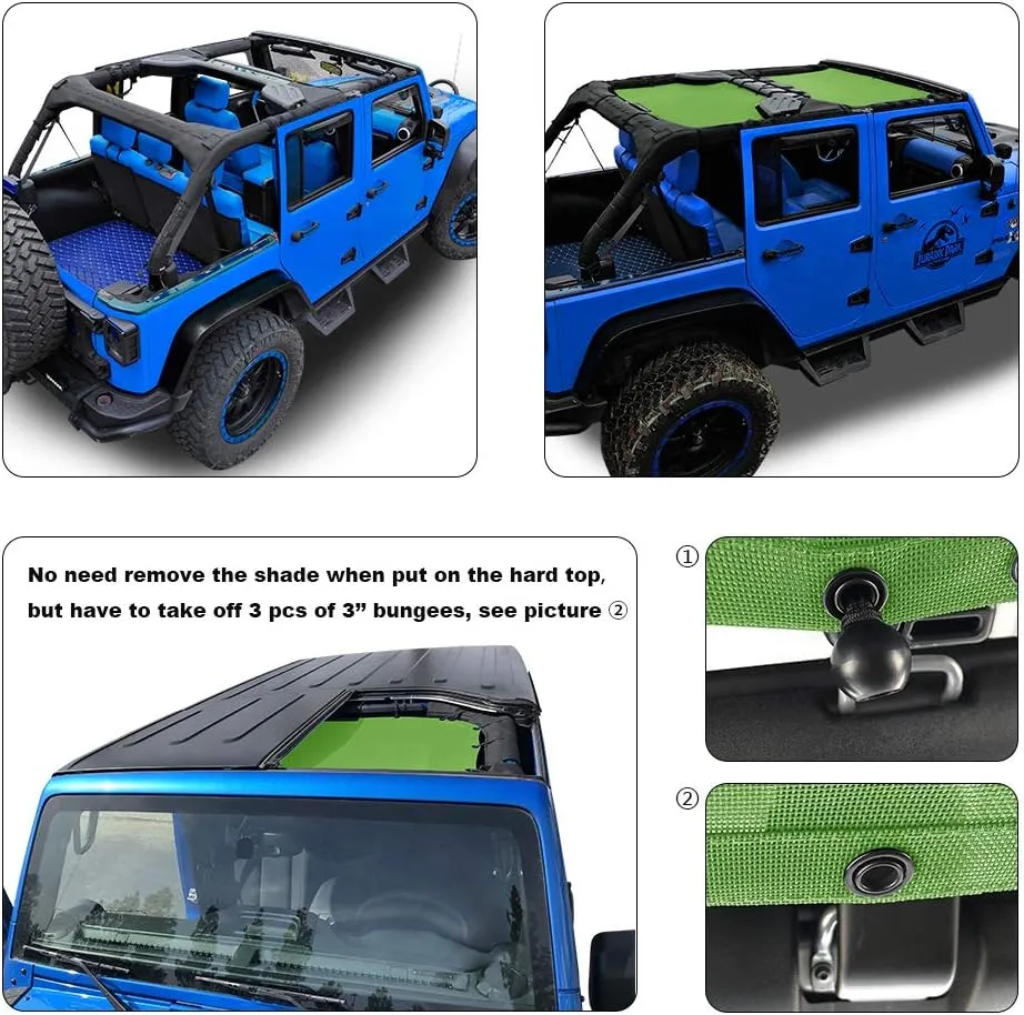 Shadeidea JK Sun Shade Top Compatible with Jeep Wrangler JKU Top Sunshade Soft Mesh Roof Cover (2007-2018)- Wind Noise UV Blocker -10 Year Warranty -4 Door -Green -Front&Rear (2 pcs)