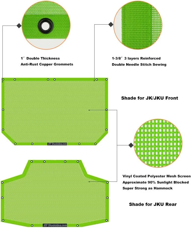 Shadeidea JK Sun Shade Top Compatible with Jeep Wrangler JKU Top Sunshade Soft Mesh Roof Cover (2007-2018)- Wind Noise UV Blocker -10 Year Warranty -4 Door -Green -Front&Rear (2 pcs)