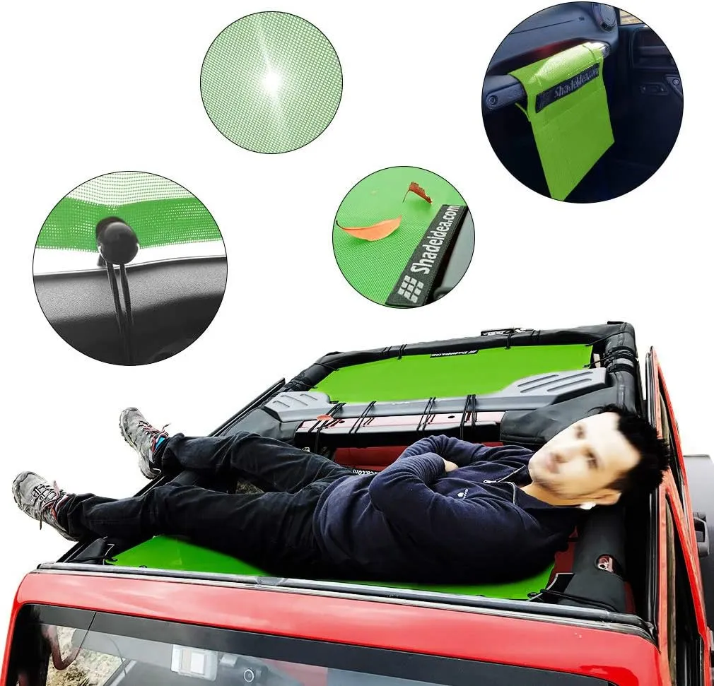 Shadeidea JK Sun Shade Top Compatible with Jeep Wrangler JKU Top Sunshade Soft Mesh Roof Cover (2007-2018)- Wind Noise UV Blocker -10 Year Warranty -4 Door -Green -Front&Rear (2 pcs)