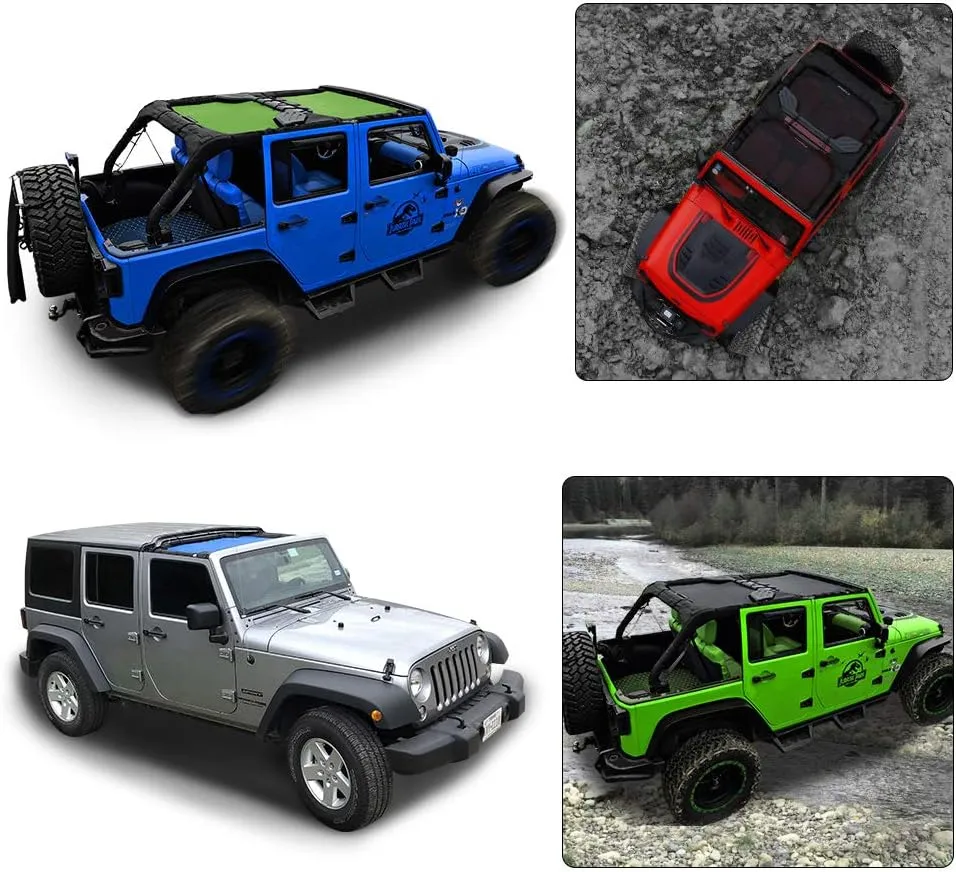 Shadeidea JK Sun Shade Top Compatible with Jeep Wrangler JKU Top Sunshade Soft Mesh Roof Cover (2007-2018)- Wind Noise UV Blocker -10 Year Warranty -4 Door -Green -Front&Rear (2 pcs)
