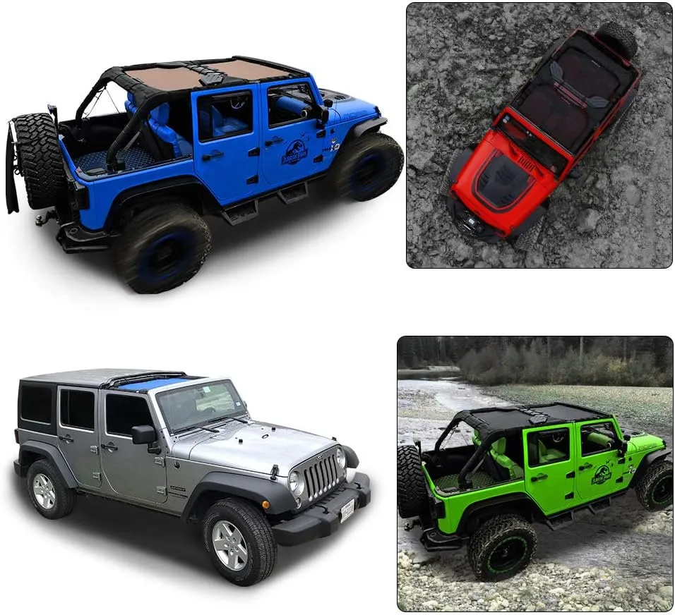 Shadeidea JK Sun Shade Top Compatible with Jeep Wrangler JKU Top Sunshade Soft Mesh Roof Cover (2007-2018)- Wind Noise UV Blocker -10 Year Warranty -4 Door -Tan -Front&Rear (2 pcs)
