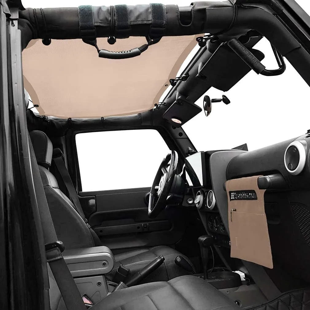 Shadeidea JK Sun Shade Top Compatible with Jeep Wrangler JKU Top Sunshade Soft Mesh Roof Cover (2007-2018)- Wind Noise UV Blocker -10 Year Warranty -4 Door -Tan -Front&Rear (2 pcs)