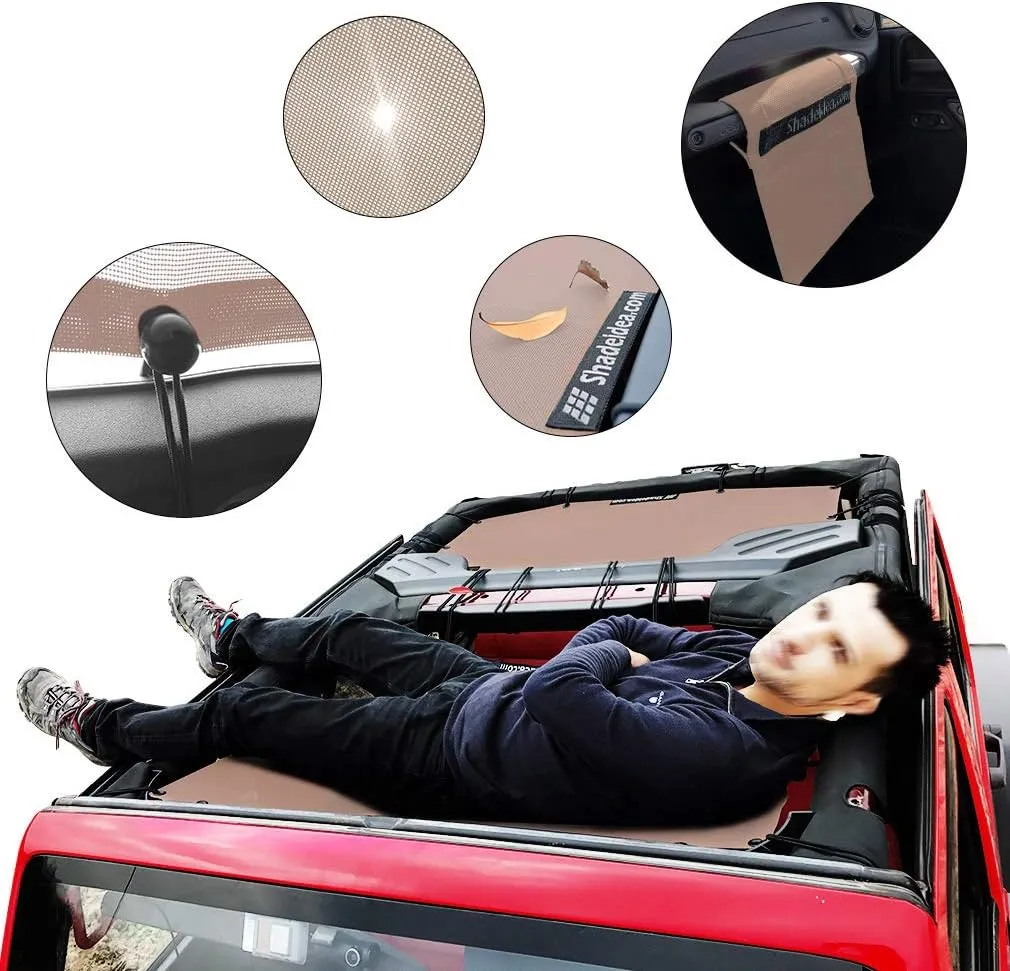 Shadeidea JK Sun Shade Top Compatible with Jeep Wrangler JKU Top Sunshade Soft Mesh Roof Cover (2007-2018)- Wind Noise UV Blocker -10 Year Warranty -4 Door -Tan -Front&Rear (2 pcs)