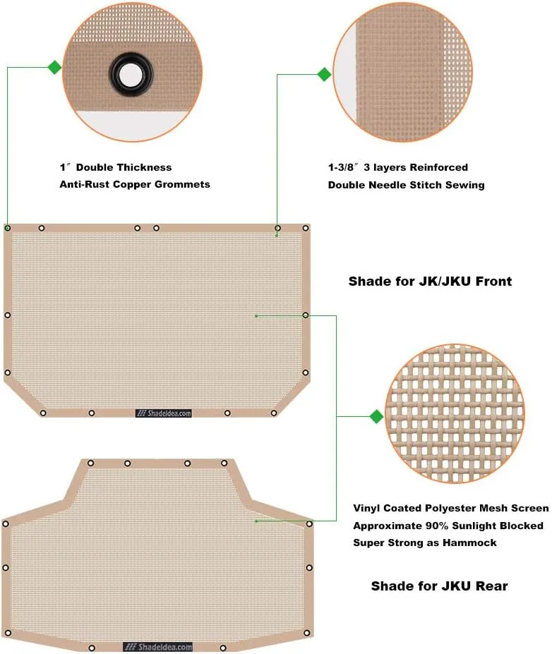 Shadeidea JK Sun Shade Top Compatible with Jeep Wrangler JKU Top Sunshade Soft Mesh Roof Cover (2007-2018)- Wind Noise UV Blocker -10 Year Warranty -4 Door -Tan -Front&Rear (2 pcs)