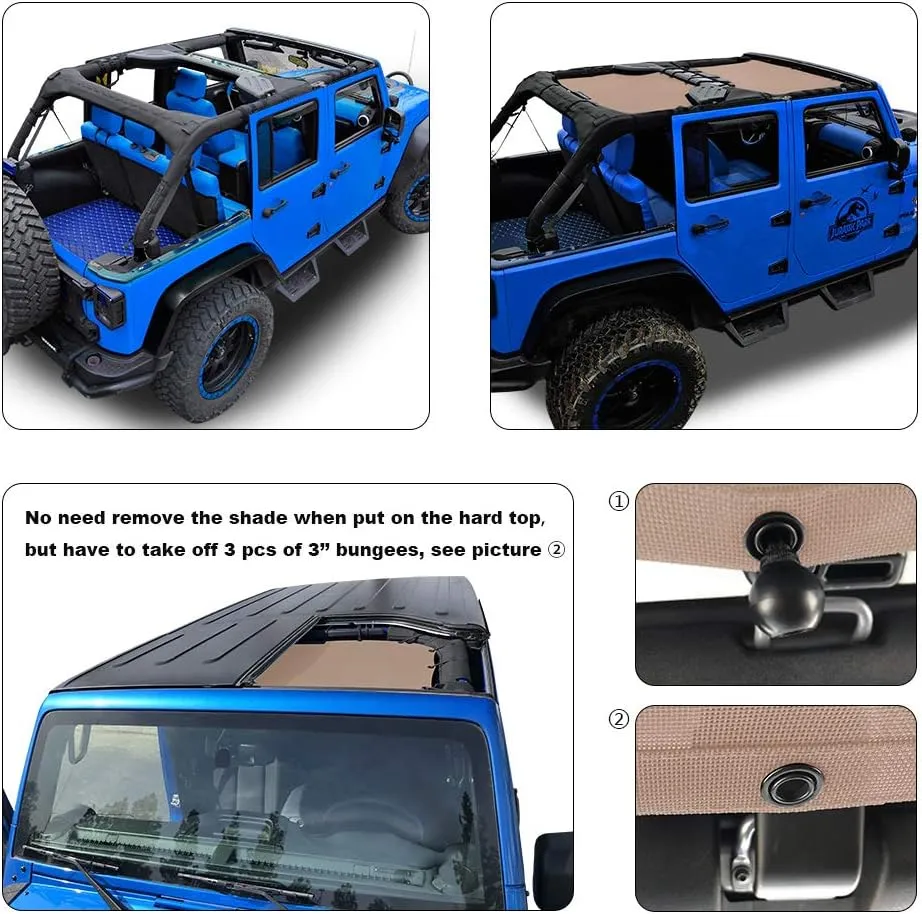 Shadeidea JK Sun Shade Top Compatible with Jeep Wrangler JKU Top Sunshade Soft Mesh Roof Cover (2007-2018)- Wind Noise UV Blocker -10 Year Warranty -4 Door -Tan -Front&Rear (2 pcs)