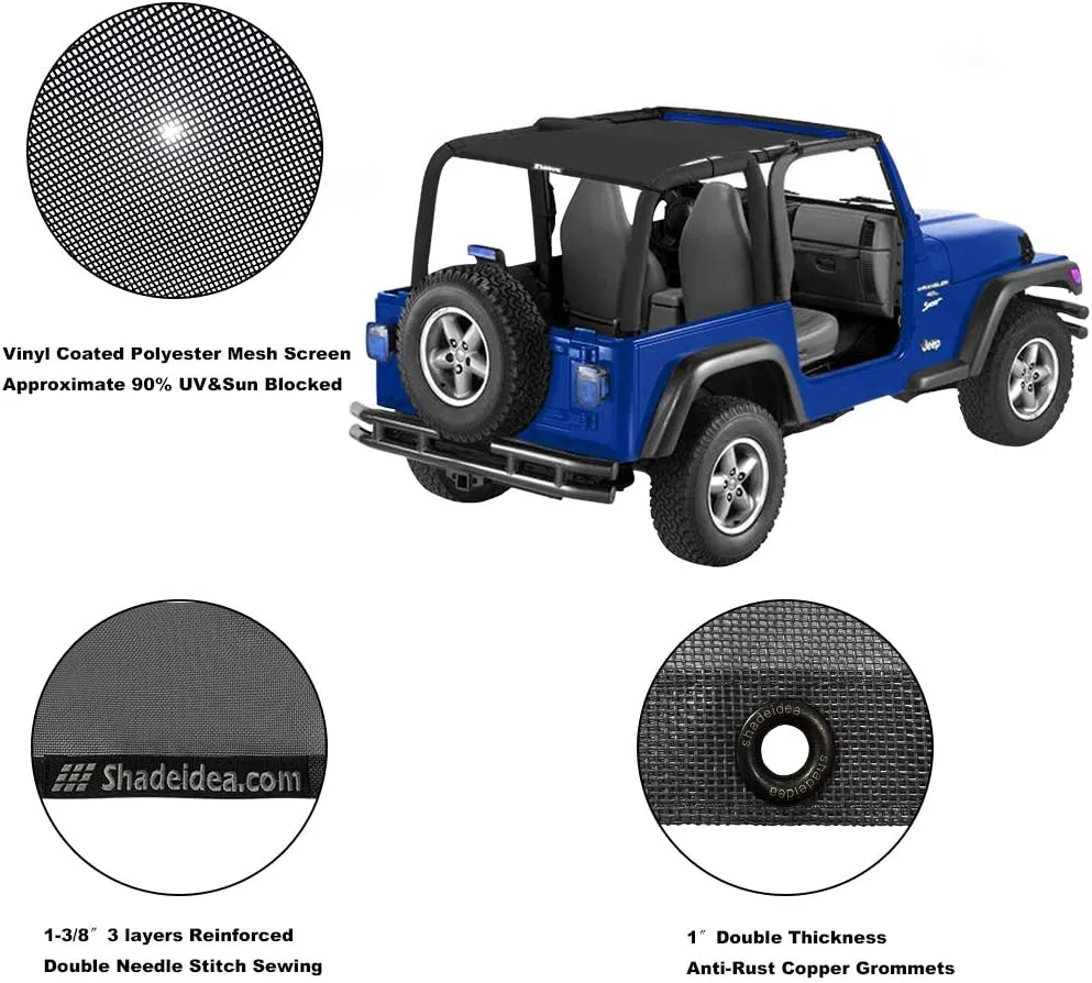Shadeidea Sun Shade for Jeep Wrangler TJ 1997-2006 Sunshade Top Front Rear-Black Mesh Screen Cover UV Blocker with Grab Bag Storage Pouch-10 Years Warranty