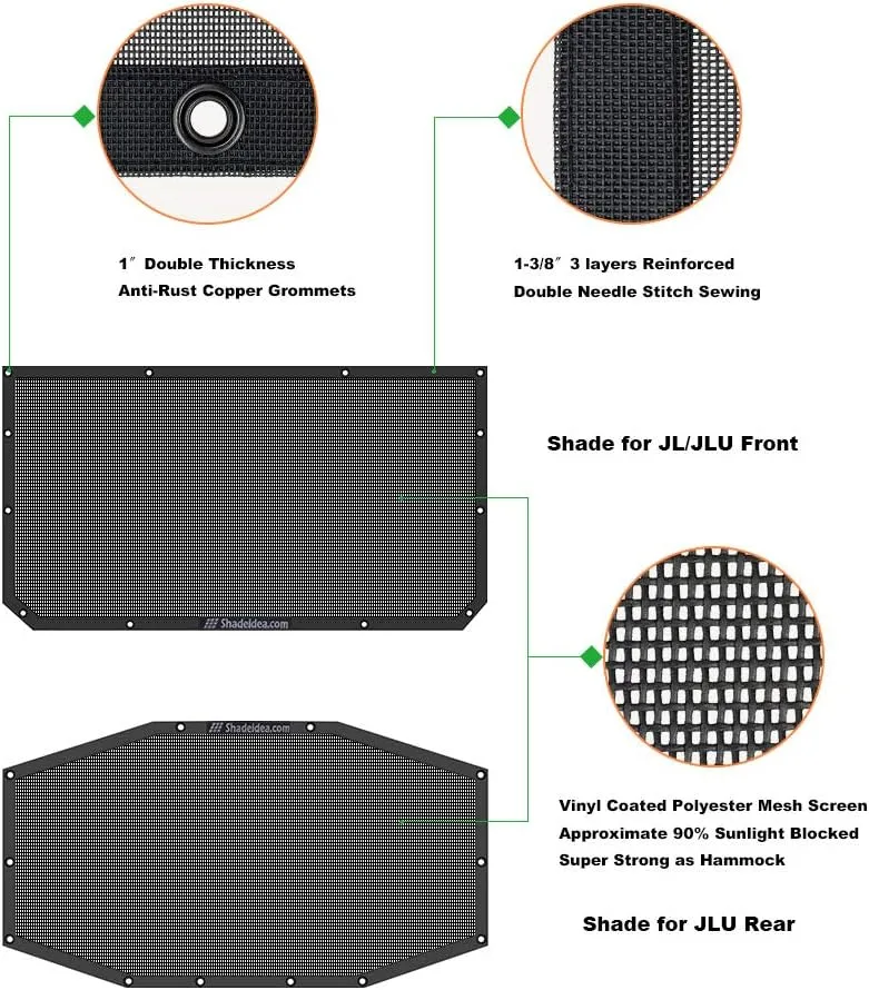 Shadeidea Sun Shade Top for Jeep Wrangler Sunshade JL Unlimited 4 Door, Front and Rear 2 piece - Mesh Screen Sunshade JLU, 2018-2023 Top Soft Roof UV Blocker with Grab Bag - 10 Year Warranty (Black)