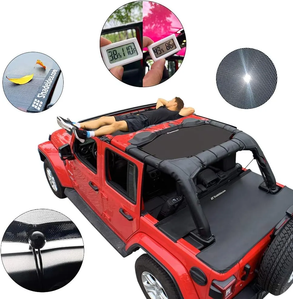 Shadeidea Sun Shade Top for Jeep Wrangler Sunshade JL Unlimited 4 Door, Front and Rear 2 piece - Mesh Screen Sunshade JLU, 2018-2023 Top Soft Roof UV Blocker with Grab Bag - 10 Year Warranty (Black)
