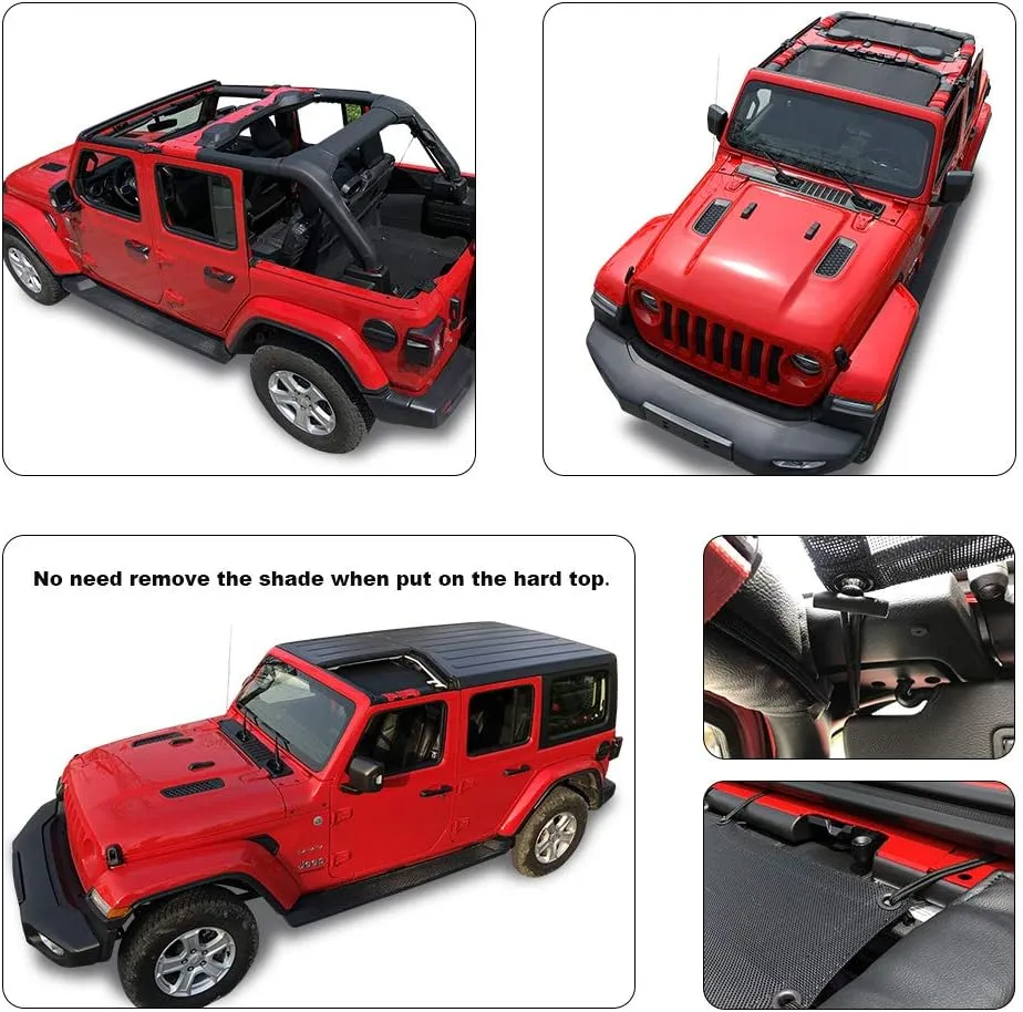 Shadeidea Sun Shade Top for Jeep Wrangler Sunshade JL Unlimited 4 Door, Front and Rear 2 piece - Mesh Screen Sunshade JLU, 2018-2023 Top Soft Roof UV Blocker with Grab Bag - 10 Year Warranty (Black)