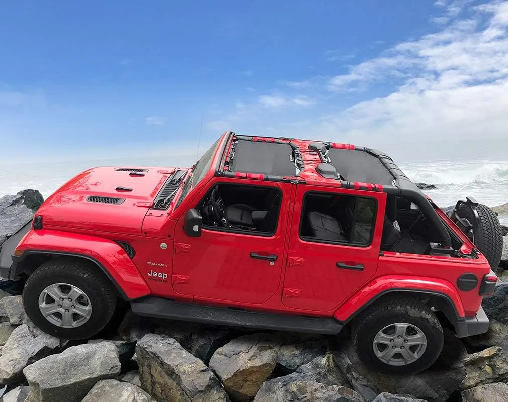 Shadeidea Sun Shade Top for Jeep Wrangler Sunshade JL Unlimited 4 Door, Front and Rear 2 piece - Mesh Screen Sunshade JLU, 2018-2023 Top Soft Roof UV Blocker with Grab Bag - 10 Year Warranty (Black)