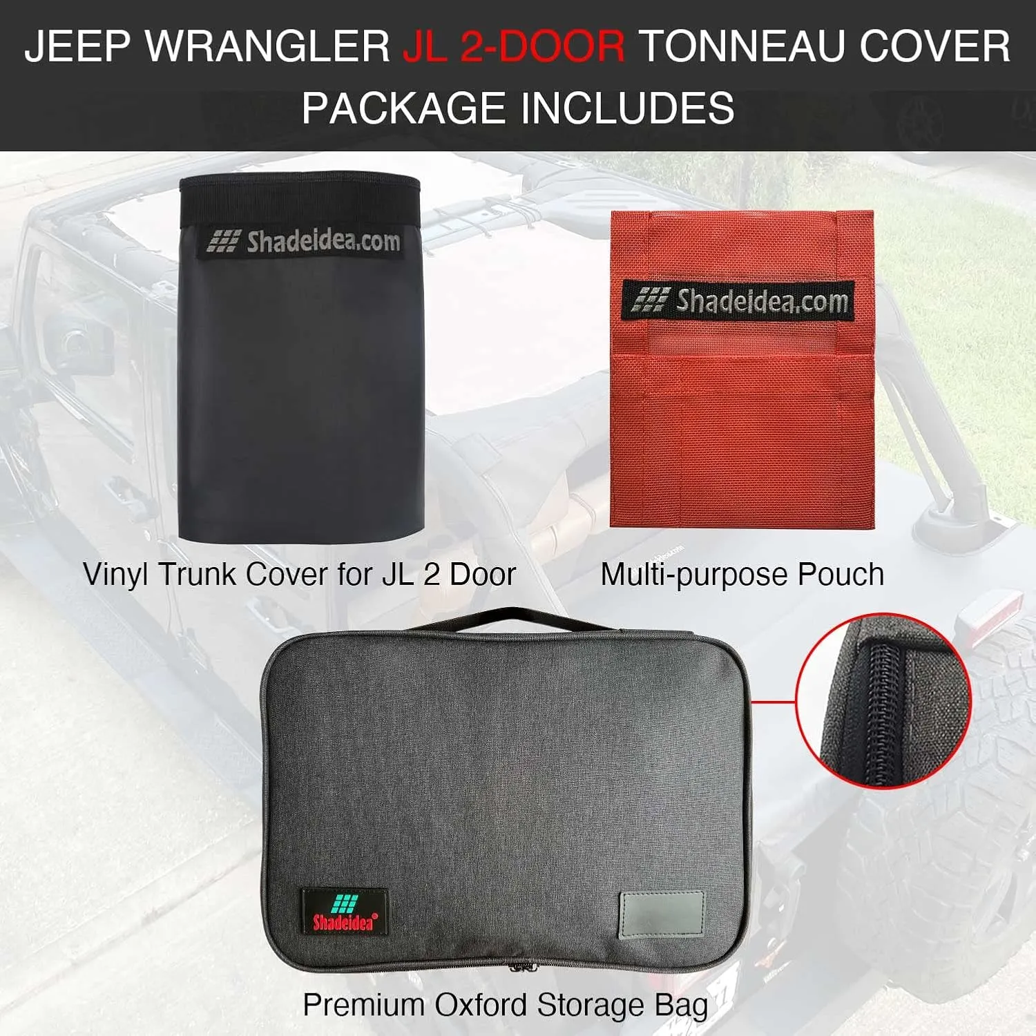 Shadeidea Wrangler JL Tonneau Cover for Jeep 2 Door Rear Trunk Ton ● Cargo Vinyl Tailgate Cover for (2018-Current) New Model Robicon Sahara Sport S (Black) - 3 Years Lasting
