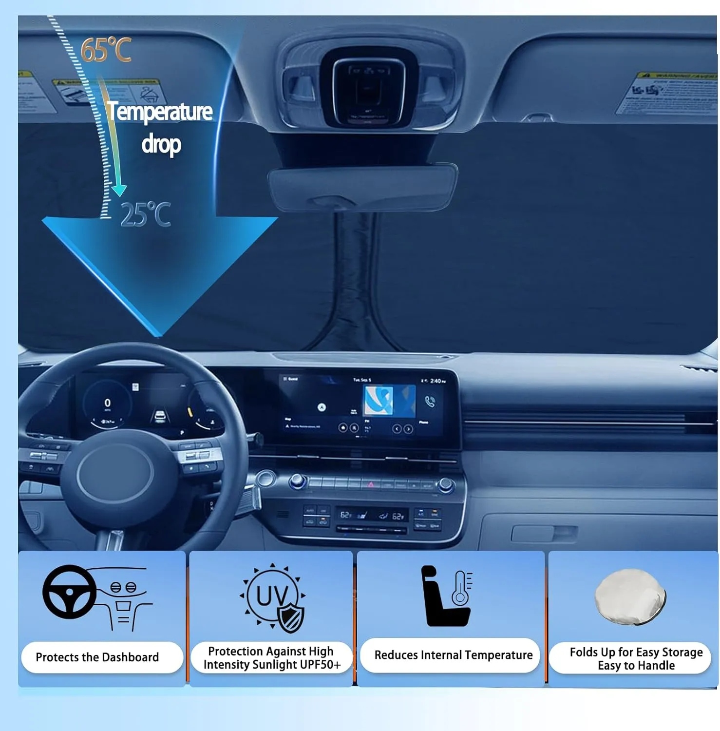 SHAOHAO for 2024 2025 Hyundai Kona Windshield Sun Shade 2024 2025 Kona Car Sun Shade, for 2024 2025 Hyundai Kona SX2 Accessories Car Windshield Sun Shade Foldable Front Window Sunshade Cover Sun Visor