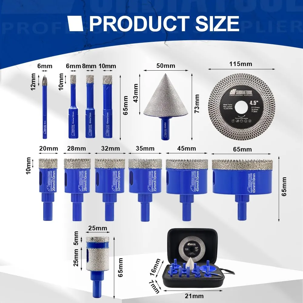 SHDIATOOL Diamond Drill Bits Kit - Core Bits Hole Saw Sets,Mould Guide for Drilling Porcelain Tile Marble Ceramic Granite with Hollow EVA Guide Jig 13pcs(6/8/10/20/28/32/35/45/65/25MM/2in 4.5in 6mm)