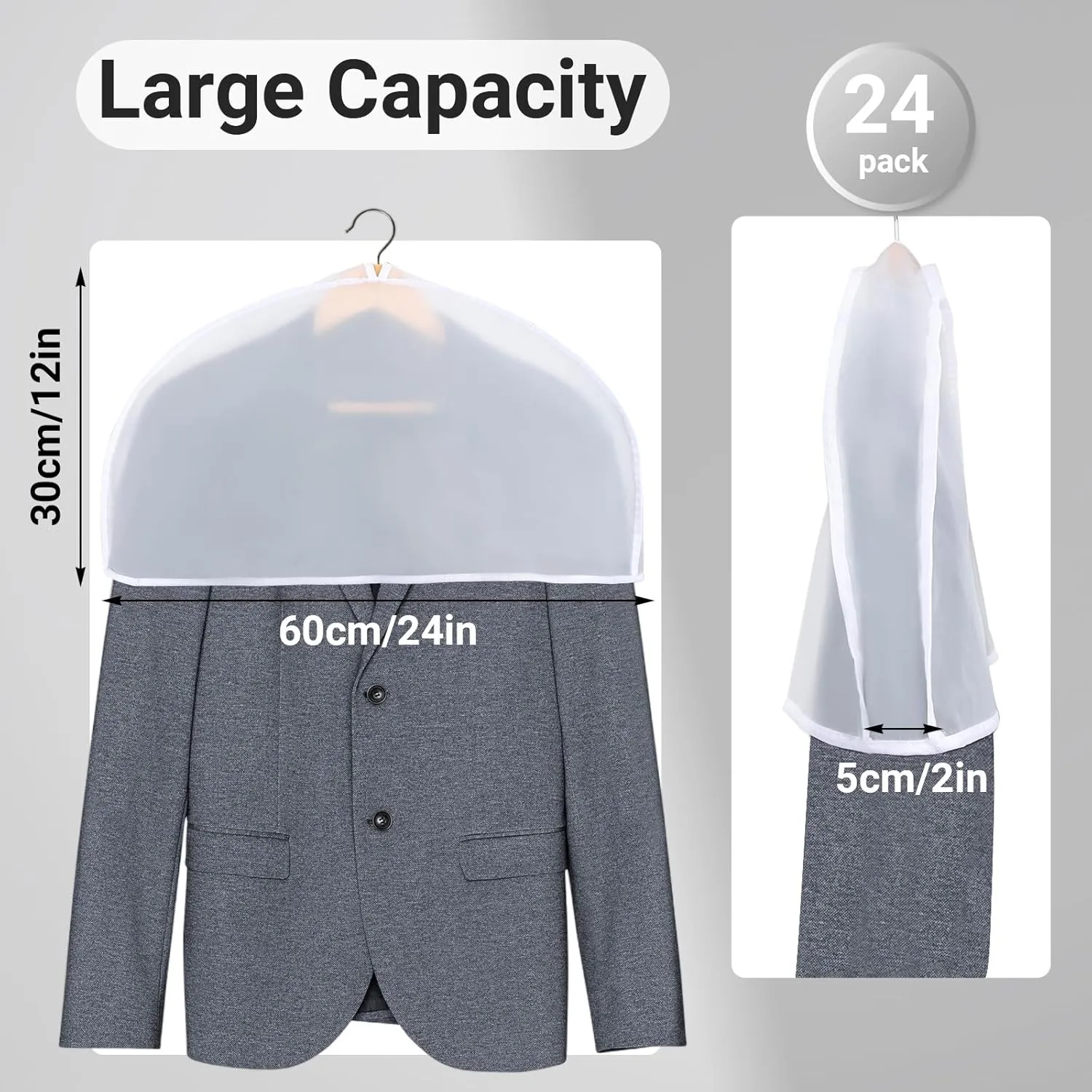 Shoulder Covers for Hanging Clothes, 24x12x2 inch, Pack of 24, Breathable Clear Plastic Shoulder Cover for Closet, T Shirt, Suit, Coat, Jacket, Dress, Gown, Clothing Storage