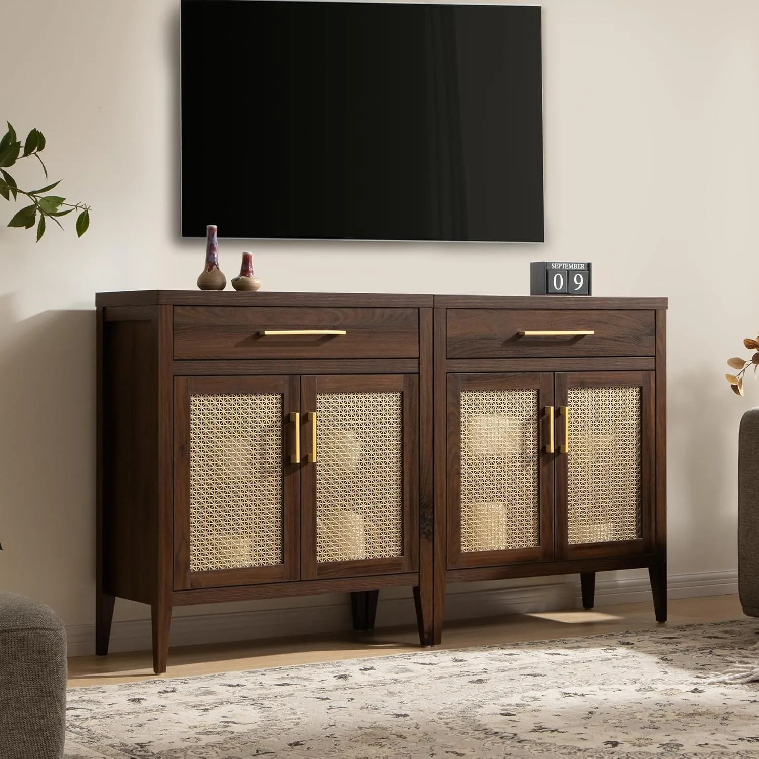 SICOTAS Sideboard Buffet Cabinet Set of 2, Wooden Credenza Storage Cabinet with Drawers and Metal Mesh Doors, Mid Century Modern Console Coffee Bar for Living Room and Entryway, Espresso Walnut