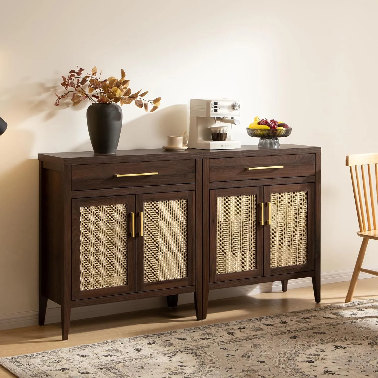 SICOTAS Sideboard Buffet Cabinet Set of 2, Wooden Credenza Storage Cabinet with Drawers and Metal Mesh Doors, Mid Century Modern Console Coffee Bar for Living Room and Entryway, Espresso Walnut