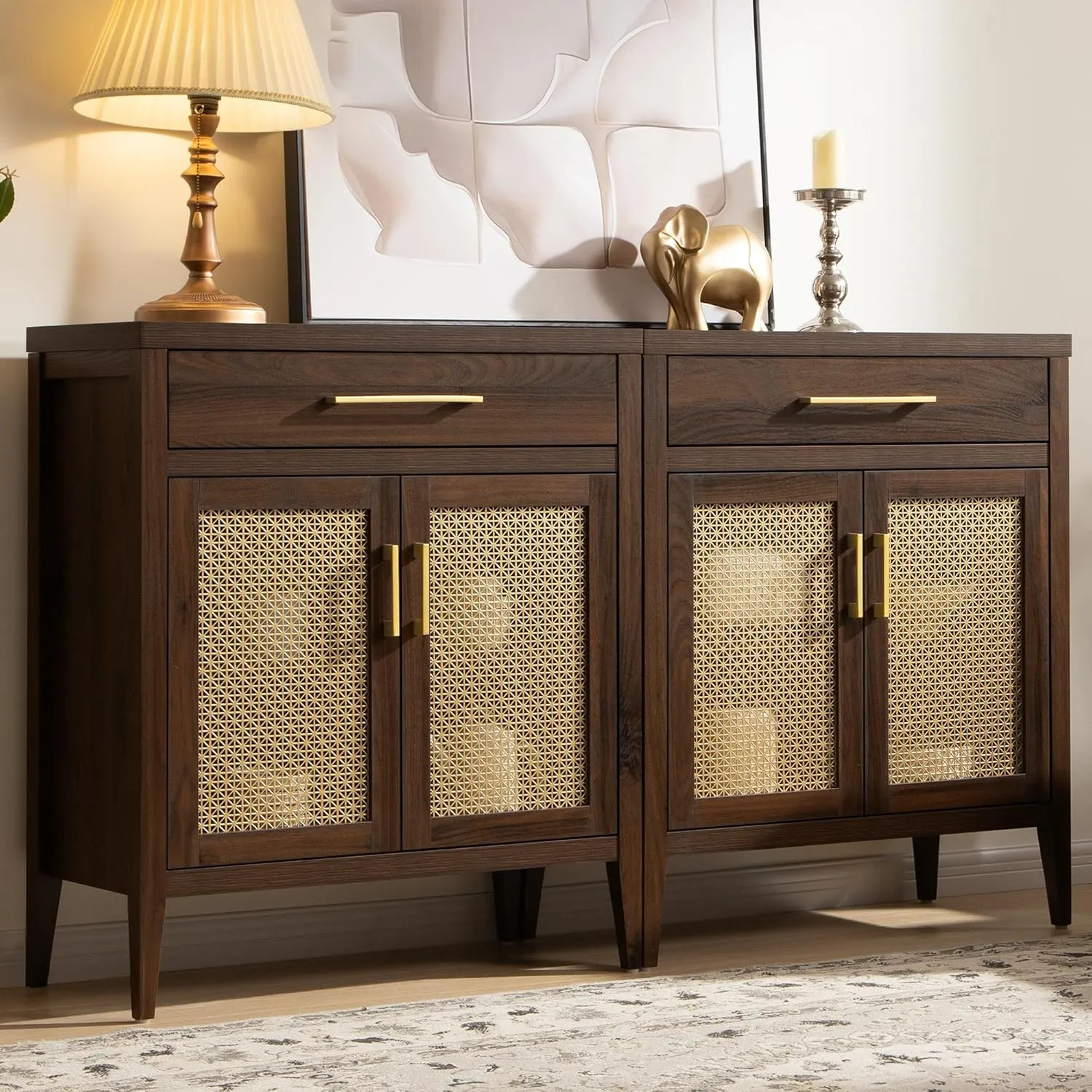 SICOTAS Sideboard Buffet Cabinet Set of 2, Wooden Credenza Storage Cabinet with Drawers and Metal Mesh Doors, Mid Century Modern Console Coffee Bar for Living Room and Entryway, Espresso Walnut