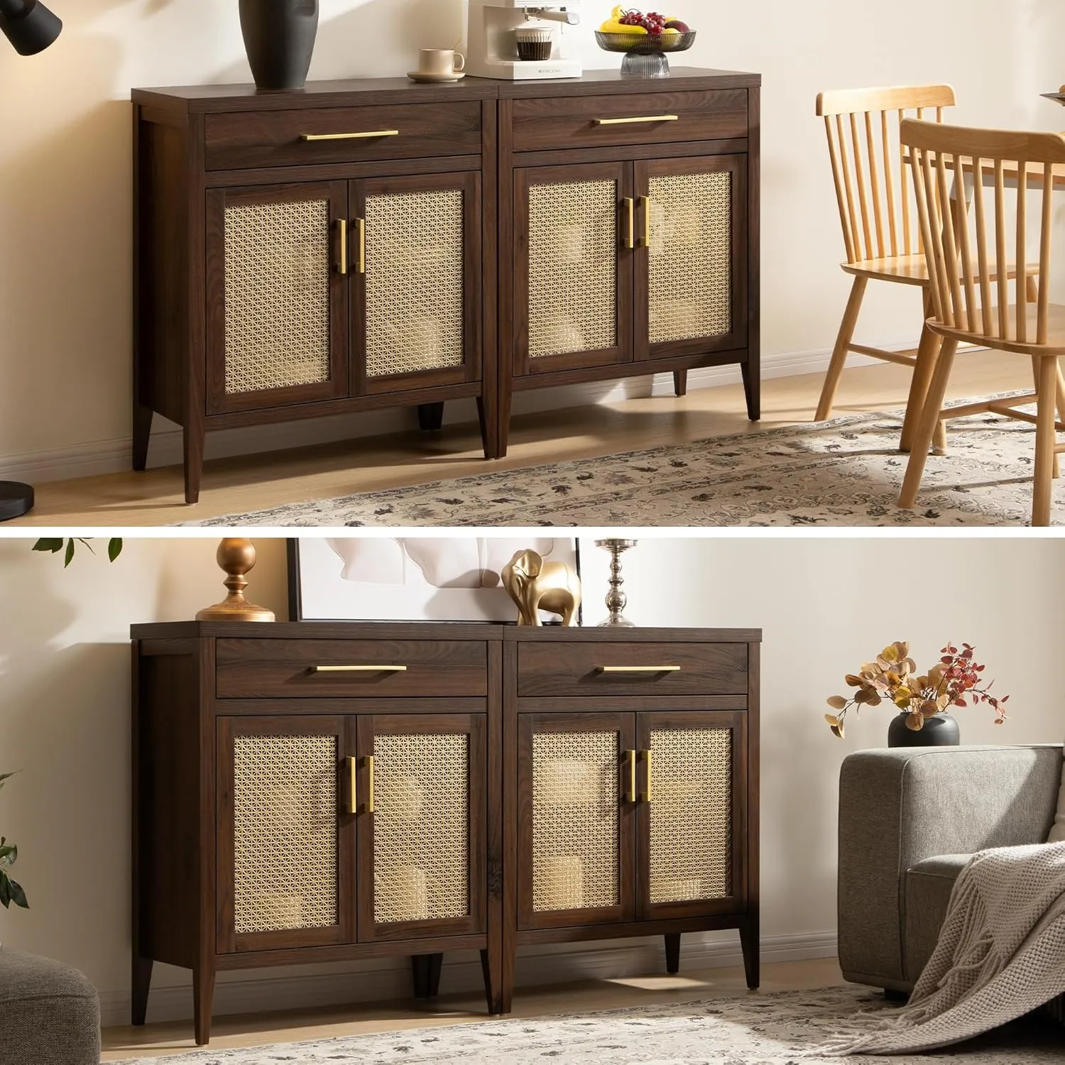 SICOTAS Sideboard Buffet Cabinet Set of 2, Wooden Credenza Storage Cabinet with Drawers and Metal Mesh Doors, Mid Century Modern Console Coffee Bar for Living Room and Entryway, Espresso Walnut